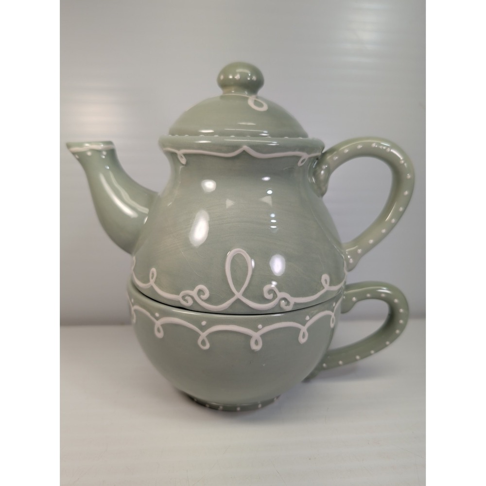 Vintage Bella Casa Ganz Stacking Teapot Cup Set Green White Loop Tea For One 3pc